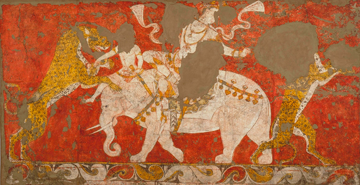 Fresque murale de Varakhcha, ancienne cité antique sogdienne fondée au 1er siècle av. J.-C.