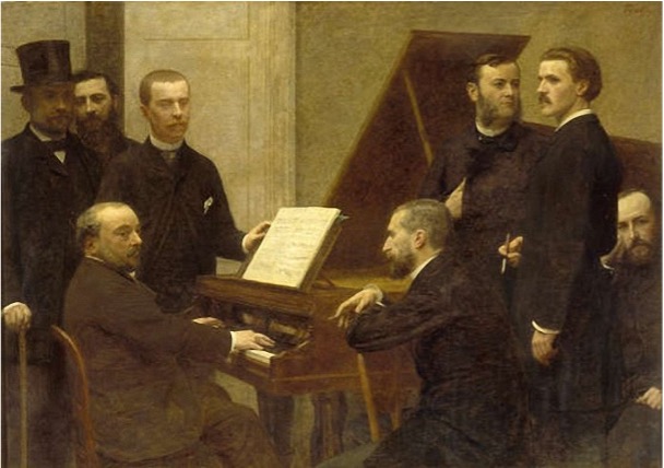 Henri Fantin-Latour, Autour du piano (Musée d’Orsay). Vincent d’Indy est situé à droite avec la cigarette dans la main