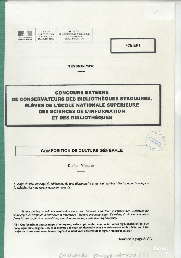 Concours externe de conservateurs des bibliothèques stagiaires, élèves de l'école nationale supérieure des sciences de l’information et des bibliothèques : session 2020 : composition de culture générale : [sujet] | France. Ministère de l'éducation nationale et de la jeunesse