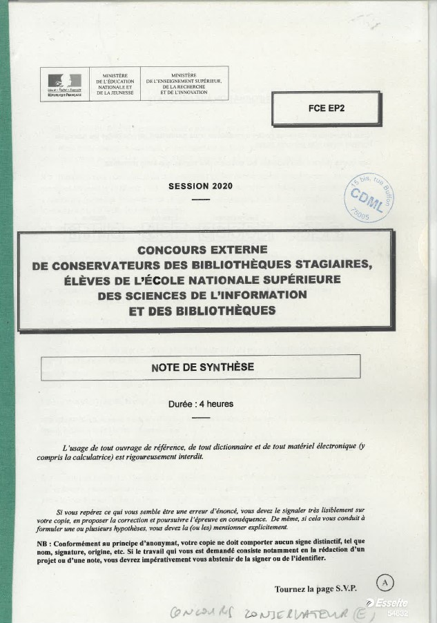 Concours externe de conservateurs des bibliothèques stagiaires, élèves de l'école nationale supérieure des sciences de l’information et des bibliothèques : session 2020 : note de synthèse : [sujet] | France. Ministère de l'éducation nationale et de la jeunesse