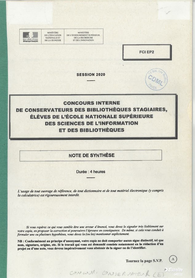 Concours interne de conservateurs des bibliothèques stagiaires, élèves de l'école nationale supérieure des sciences de l’information et des bibliothèques : session 2020 : note de synthèse : [sujet] | France. Ministère de l'éducation nationale et de la jeunesse