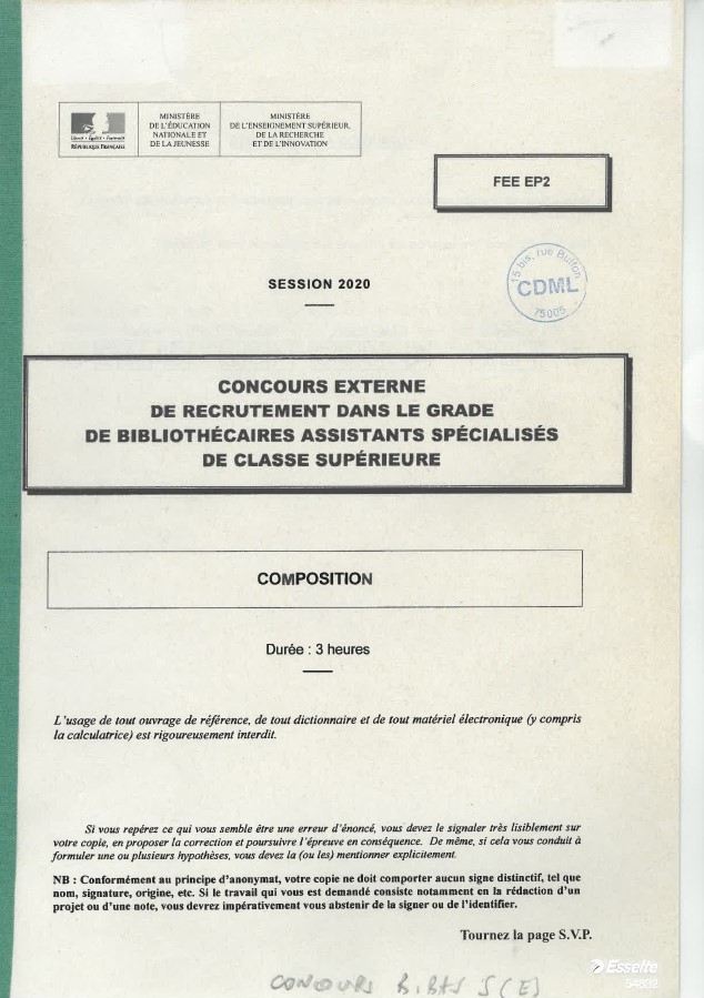 Concours externe de recrutement dans le grade de bibliothécaires assistants spécialisés de classe supérieure : session 2020 : composition : [sujet] | France. Ministère de l'éducation nationale et de la jeunesse