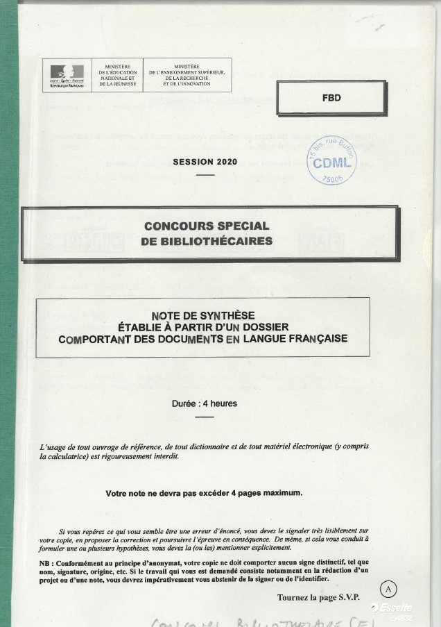 Concours spécial de bibliothécaires : session 2020 : note de synthèse établie à partir d'un dossier comportant des documents en langue française : [sujet] | France. Ministère de l'éducation nationale et de la jeunesse