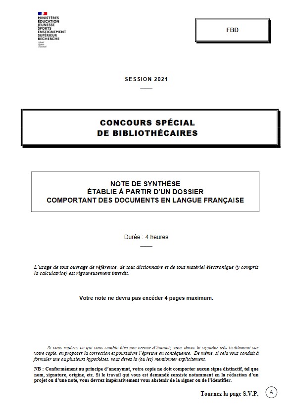 Concours spécial de bibliothécaires : session 2021 : note de synthèse établie à partir d'un dossier comportant des documents en langue française : [sujet] | France. Ministère de l'éducation nationale, de la jeunesse et des sports