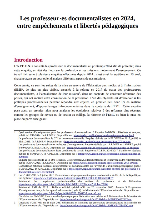 Les professeur.es documentalistes en 2024, entre empêchements et libertés pédagogiques | Association des professeurs documentalistes de l'Éducation nationale (France)